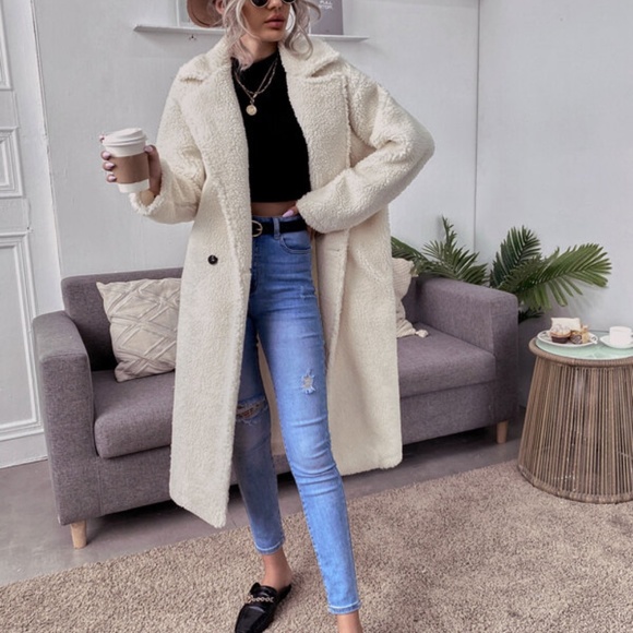 Camel wide collar teddy button trench Coat Jacket Fall - Picture 8 of 10